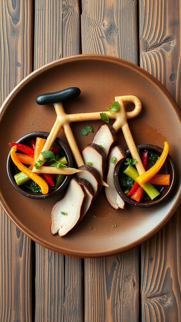 Duck 250 Bike Recipe A bicycle-shaped dish made with sliced duck breast and colorful vegetables, garnished with herbs on a wooden table.